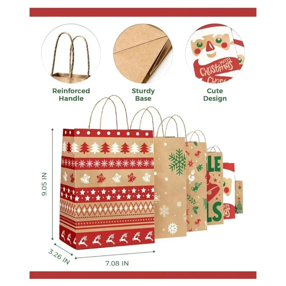 24 Pack Christmas Gift Bags With Handles Kraft Paper 6 Holiday Designs